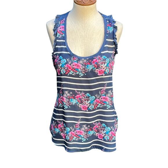 LC Lauren Conrad Sleeveless Top Blouse Floral Ruffle Blue Tank Women's Small - Picture 1 of 10
